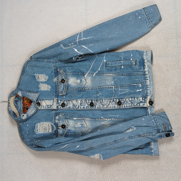 rolling paper Jackets & Blazers - Rolling Paper Women's Blue Distressed Paint Flecked Denim Jacket Size‎ M